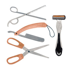 watercolor illustration of scissors and a razor for cutting hair in a barbershop hand drawn on a white background
