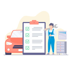 Car repair and service with repairman, Vector modern illustration