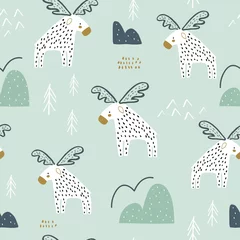 Gordijnen Naadloos kinderachtig patroon met cartoon eland en met de hand getekende vormen. Creatieve Noordse textuur. vector illustratie © solodkayamari