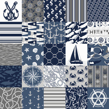 Nautical marine sailing fabric patchwork vintage vector seamless pattern
