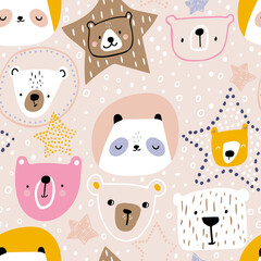 Creative childish pattern with cute bears in different shapes. Modern seamless texture for wallpaper, bedding, textile. Vector illustration