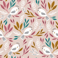 Seamless botanical pattern with white birds and delicate  colorful leaves. Minimalistic bird texture for fabric, textile, wallpaper. Vector illustration
