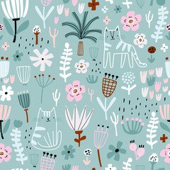 Seamless childish pattern with СЃute hand drawn cats and flowers. Creative kids texture for fabric, wrapping, textile, wallpaper, apparel. Vector illustration