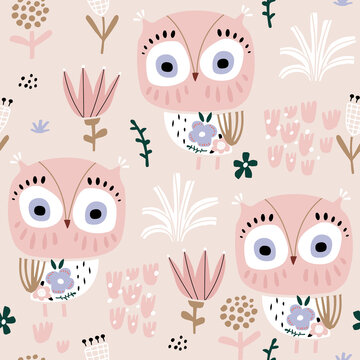 Seamless pattern with lovely pink owls. Childish owl birds and floral background. Ideal for fabrics, textiles, apparel, wallpaper.