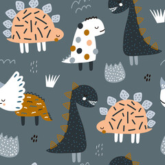 Childish seamless pattern with abstract hand drawn dinosaurs. Creative vector childish background for fabric, textile