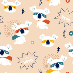 Seamless pattern with cute koala super hero. Creative childish texture in scandinavian style. Great for fabric, textile Vector Illustration © solodkayamari