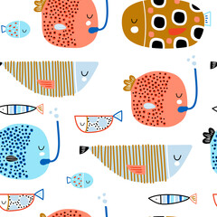 Seamless pattern with cartoon funny fish. Childish marine texture for fabric, textile. Vector background © solodkayamari