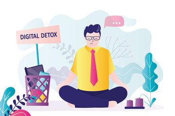 Digital detox. Happy male employee relaxes in lotus pose. All gadgets thrown in trash can. Refusal of digital devices. Relax without social media. No internet addiction. Gadgets switch off.