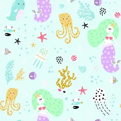 Foto auf Glas Seamless pattern with cute little mermaids. Creative undersea childish texture. Great for fabric, textile Vector Illustration © solodkayamari