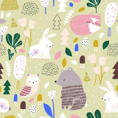 Motif forestier harmonieux avec ours, lapin, hibou, renard et éléments forestiers. Texture boisée moderne et créative pour le tissu, l& 39 emballage, le textile, le papier peint, l& 39 habillement. Illustration vectorielle