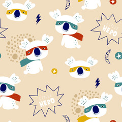 Seamless pattern with cute koala super hero. Creative childish texture in scandinavian style. Great for fabric, textile Vector Illustration © solodkayamari
