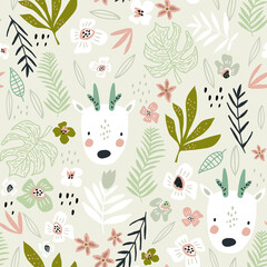 Seamless pattern with cute deers, floral elements. Woodland background. Perfect for kids apparel,fabric, textile, nursery decoration,wrapping paper.Vector Illustration