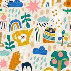 Seamless floral pattern with garden tools, flowers, tree, clouds. Perfect for fabric, textile, wallpaper. Spring hand drawn texture. Vector illustration