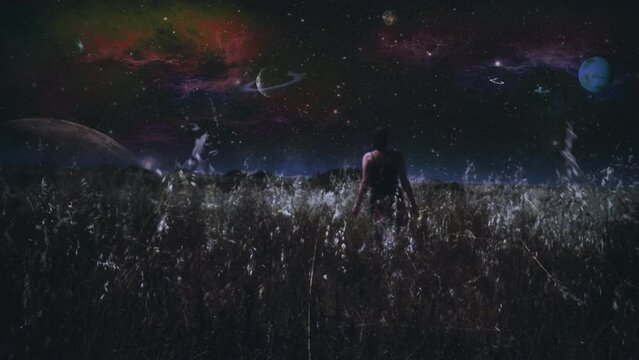 Woman Walking Night Field Outer Space Planets Surreal Landscape. Girl walking happily through a field at night with planets in deep space