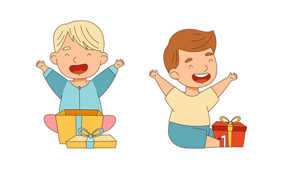 Happy kids unpacking gift box set. Adorable little boys receiving present box cartoon vector illustration