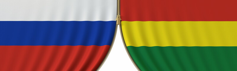 Russia and Bolivia cooperation or conflict, flags and closing or opening zipper between them. Conceptual 3D rendering