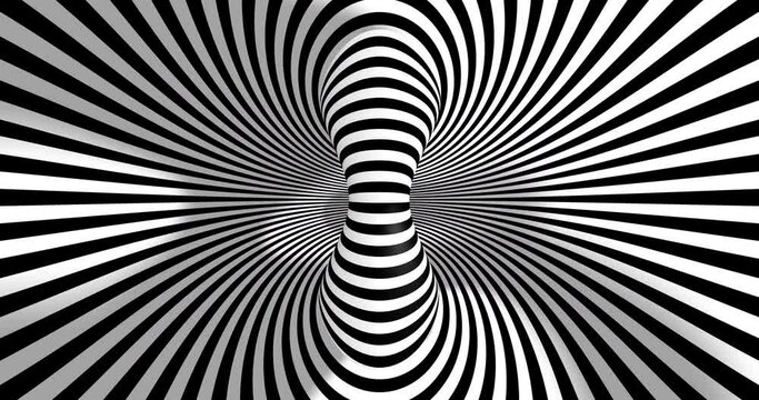 A looping, hypnotic animation with black and white stripes forming a curved room with a column in the center