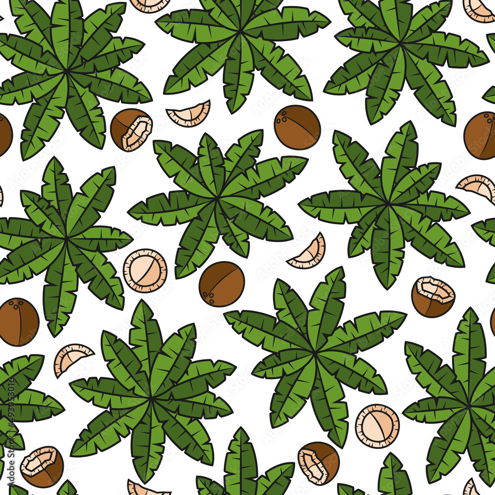 Poster seamless pattern with palm trees and coconuts. tropical vector background with isolated objects.