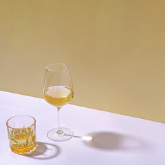 Tumbler of whiskey and glass of white wine