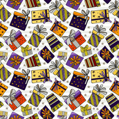 set of bright gift boxes, seamless pattern set of gift boxes with bows,  hand drawing, color, seamless pattern