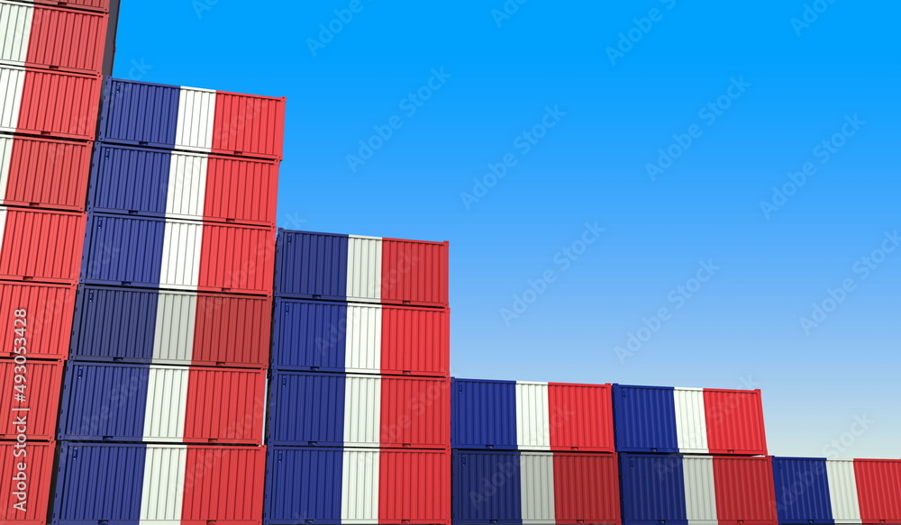 Poster containers with flag of france represent declining trend. economic or export crisis concept. 3d rend