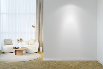 Modern room with a blank illuminated wall. In the background there are two modern light armchairs, a floor lamp, a coffee table near the curtained window, a round carpet on the parquet floor.3d render