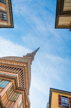Turin, Mole Antonelliana tower, symbol of the city. Italy. Bottom view