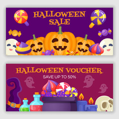 Set of Happy Halloween banners and gift vouchers. Happy Halloween banner design template. Vector illustration