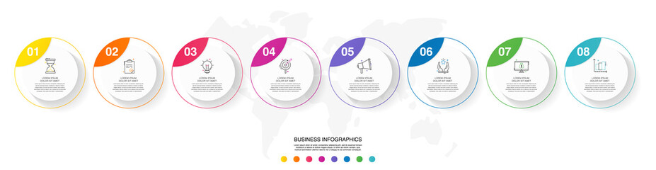 Vector line infographics with 8 circles. Business concept graphic process template with eight steps. Graphic timeline for app, website, interface, chart, levels, web, diagram, banner, presentations
