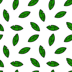 Simple vector seamless pattern of green leaves with a stroke