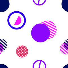 Vector minimalistic geometric seamless pattern with circles, stripes, semicircles in purple colors