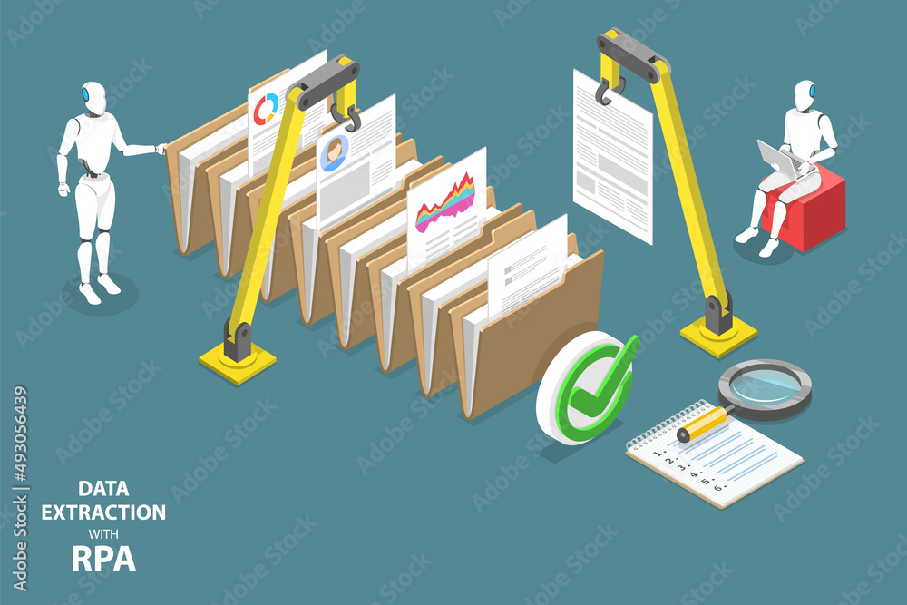 Poster 3d isometric flat vector conceptual illustration of data extraction with rpa, robotic process automa