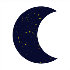 Vector image of the night starry sky in the shape of the moon. Moon silhouette.