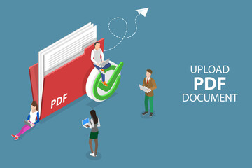 3D Isometric Flat Vector Conceptual Illustration of Upload PDF Document, File Sharing Online