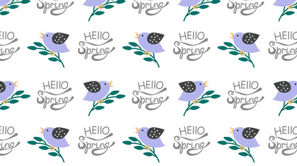 Hand-drawn doodle cute pattern background with birds and flowers.
