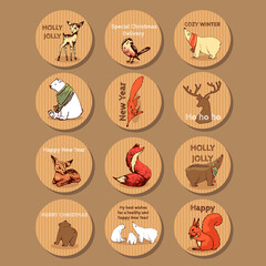 set of colorful christmas cards kraft paper hand drawn style set of colorful Christmas cards kraft paper hand drawn style, animals, squirrel, deer, brown, gray, graphics
