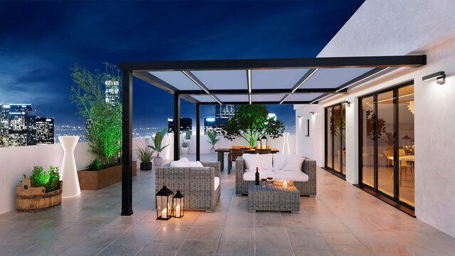 3D Illustration of top floor apartment patio with pergola at twilight