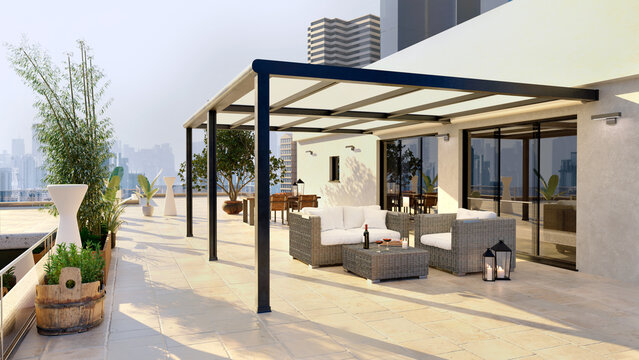 3D render of top floor city apartment with private pergola.