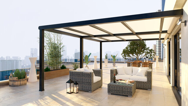 3D render of top floor city apartment patio with decor furniture.