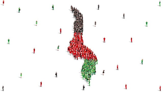 Malawi Map and Flag. A large group of people in the Malawi flag color form to create the map. 4K Animation Video.