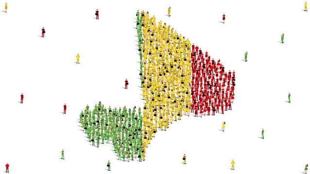Mali Map and Flag. A large group of people in the Mali flag color form to create the map. 4K Animation Video.