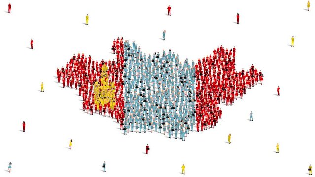 Mongolia Map and Flag. A large group of people in the Mongolia flag color form to create the map. 4K Animation Video.