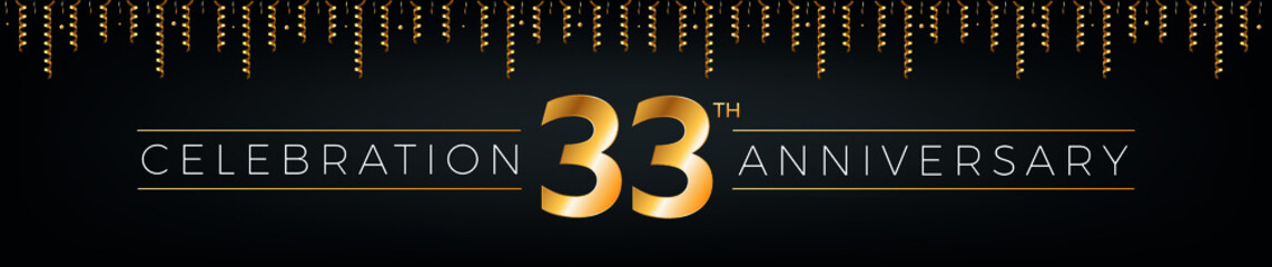 33th anniversary. Thirty-three years birthday celebration horizontal banner with bright golden color.