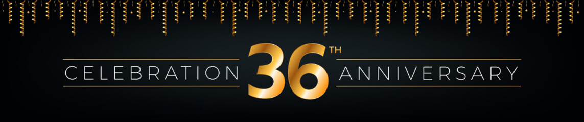 36th anniversary. Thirty-six years birthday celebration horizontal banner with bright golden color.
