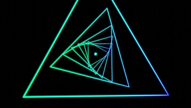 Green neon triangles.Design. Bright geometric shapes move forward creating a tunnel and moving deeper into it