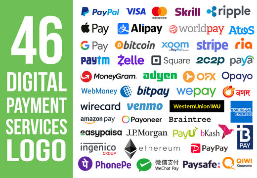 46 Digital Payment Service Logos. JP Morgan, Paypal, Visa, Skrill. Dhaka, Bangladesh - March 1, 2022