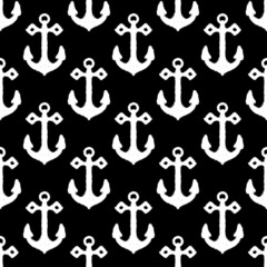 White ink ship anchors isolated on black background. Monochrome marine seamless pattern. Vector simple flat graphic hand drawn illustration. Texture.