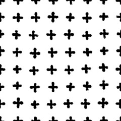 Small black ink crosses and pluses isolated on white background. Monochrome geometric seamless pattern. Vector simple flat graphic hand drawn illustration. Texture.