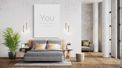 mock up poster frame in modern interior background, bedroom, Boho - Scandinavian style, 3D render, 3D illustration