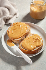 smooth peanut butter bread toast, healthy traditional sandwich